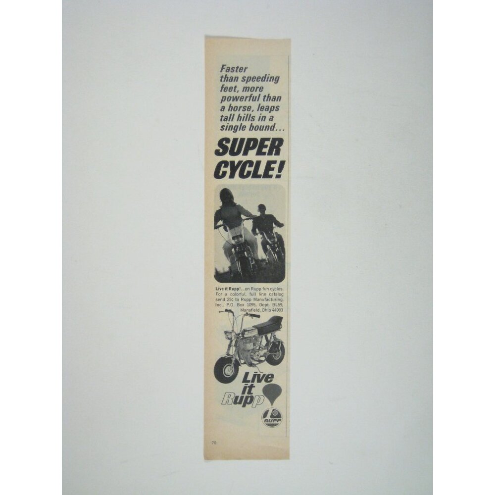 Vintage Rupp Super Cycle Advertisement Live it Rupp Print 1969 Vintage
